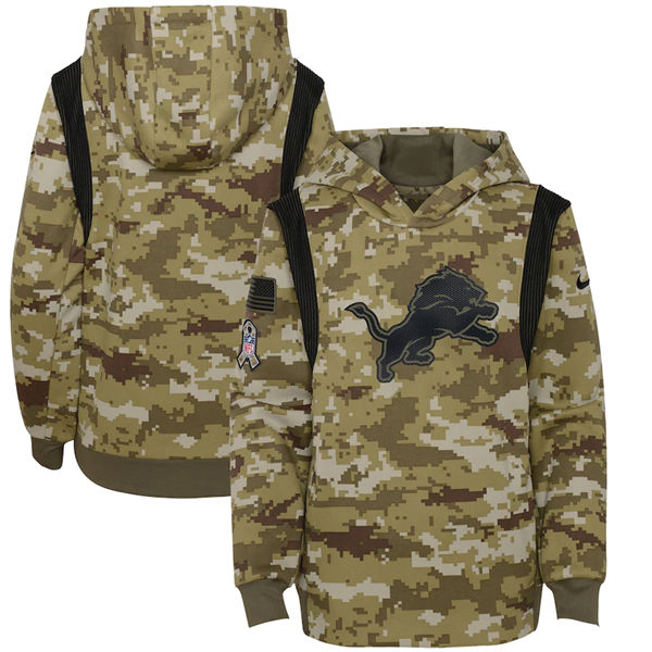 Youth Detroit Lions 2021 Camo Salute To Service Therma Performance Pullover Hoodie